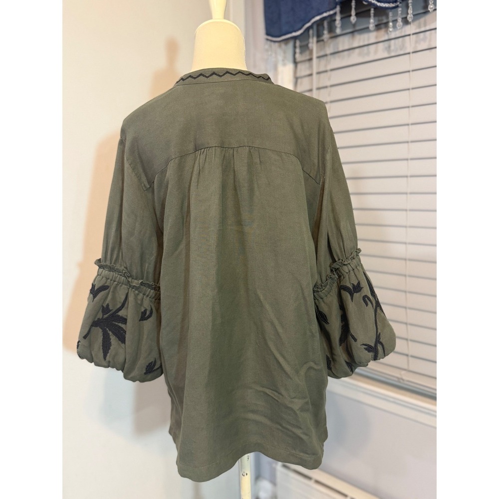 Chico's Olive Green Linen Blend Embroidered Balloon Sleeve Tunic Top XL Boho - Picture 4 of 11
